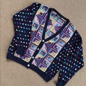Peru Handknit Quilt Pattern Cardigan Sweater by Sermoneta NY